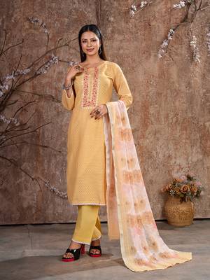 Yellow Linen Cotton Embroidered Readymade Trouser Pant Suit 1