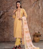 Yellow Linen Cotton Embroidered Readymade Trouser Pant Suit