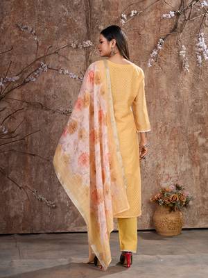 Yellow Linen Cotton Embroidered Readymade Trouser Pant Suit 3