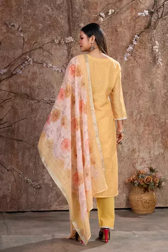 Yellow Linen Cotton Embroidered Readymade Trouser Pant Suit