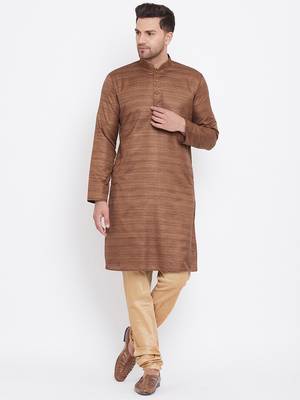 Men'S Coffee Brown And Rose Gold Silk Blend Kurta Pyjama Set 1
