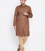 Men'S Coffee Brown And Rose Gold Silk Blend Kurta Pyjama Set