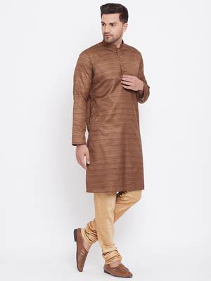 Men'S Coffee Brown And Rose Gold Silk Blend Kurta Pyjama Set 2