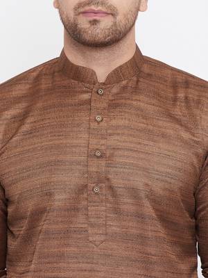 Men'S Coffee Brown And Rose Gold Silk Blend Kurta Pyjama Set 3