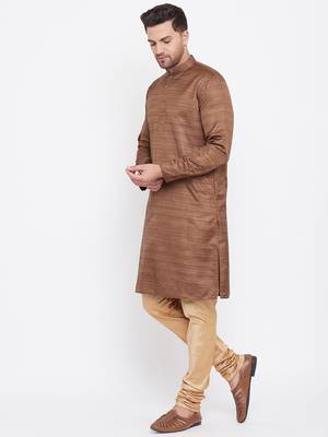 Men'S Coffee Brown And Rose Gold Silk Blend Kurta Pyjama Set 4