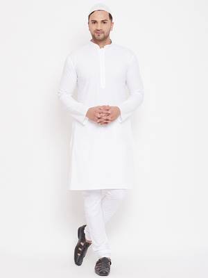 White Cotton Plain Kurta Pajama Set  1