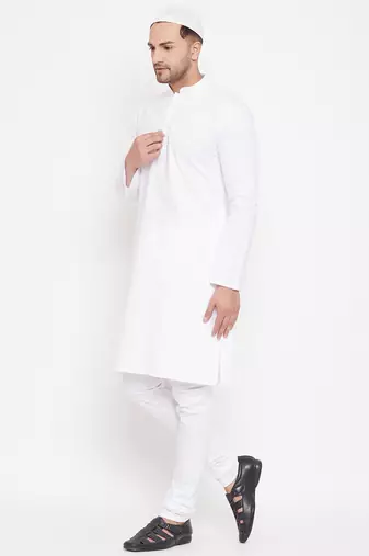 White Cotton Plain Kurta Pajama Set 
