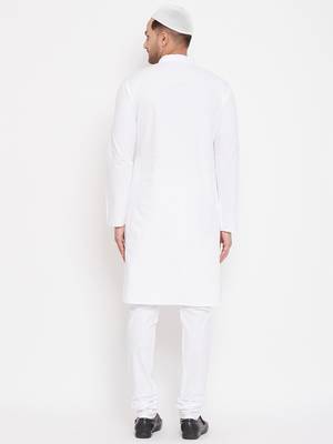 White Cotton Plain Kurta Pajama Set  3