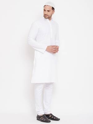 White Cotton Plain Kurta Pajama Set  4