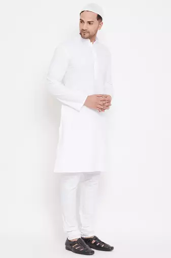 White Cotton Plain Kurta Pajama Set 