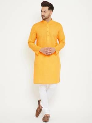 Yellow And White Cotton Blend Kurta Pyjama Set 1