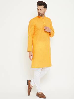 Yellow And White Cotton Blend Kurta Pyjama Set 2
