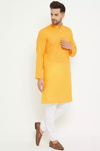 Yellow And White Cotton Blend Kurta Pyjama Set