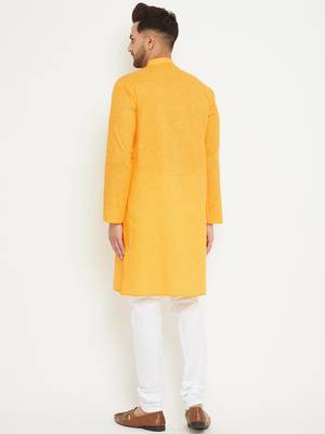 Yellow And White Cotton Blend Kurta Pyjama Set 3
