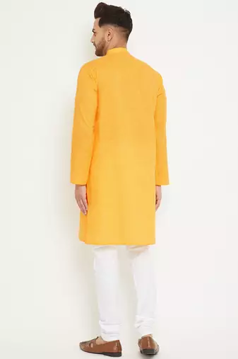 Yellow And White Cotton Blend Kurta Pyjama Set