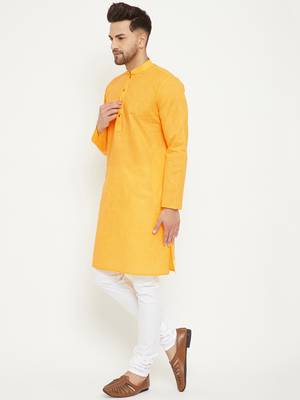 Yellow And White Cotton Blend Kurta Pyjama Set 4