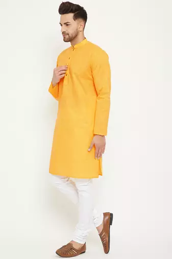 Yellow And White Cotton Blend Kurta Pyjama Set