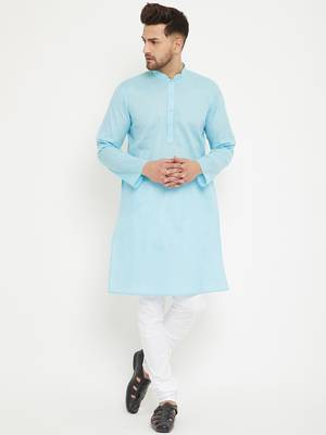 Men'S Aqua Blue And White Cotton Blend Kurta Pyjama Set 1