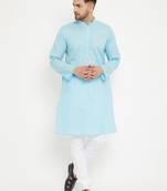 Men'S Aqua Blue And White Cotton Blend Kurta Pyjama Set