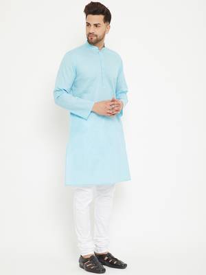 Men'S Aqua Blue And White Cotton Blend Kurta Pyjama Set 2