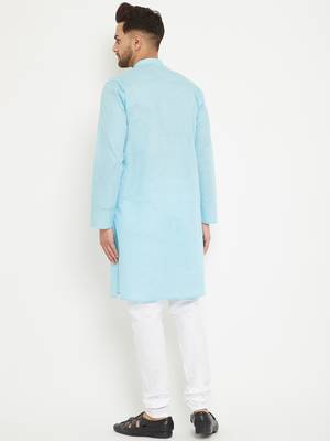 Men'S Aqua Blue And White Cotton Blend Kurta Pyjama Set 3