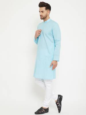Men'S Aqua Blue And White Cotton Blend Kurta Pyjama Set 4