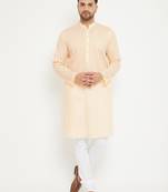 Men'S Cream And White Cotton Blend Kurta Pyjama Set