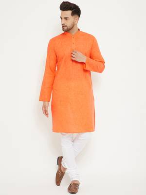 Men'S Orange And White Cotton Blend Kurta Pyjama Set 1