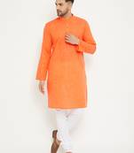 Men'S Orange And White Cotton Blend Kurta Pyjama Set