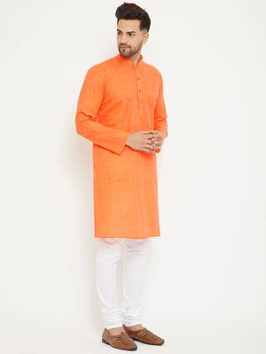 Men'S Orange And White Cotton Blend Kurta Pyjama Set 2