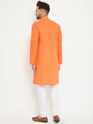 Men'S Orange And White Cotton Blend Kurta Pyjama Set 3