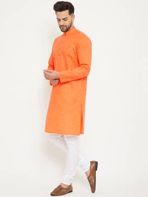 Men'S Orange And White Cotton Blend Kurta Pyjama Set 4