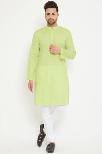 Men'S Green And White Cotton Blend Kurta Pyjama Set