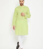 Men'S Green And White Cotton Blend Kurta Pyjama Set