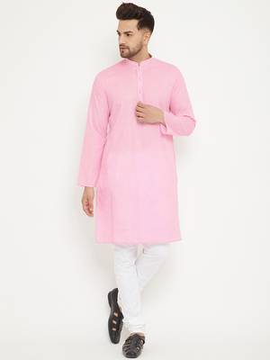 Men'S Pink And White Cotton Blend Kurta Pyjama Set 1