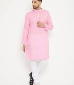 Men'S Pink And White Cotton Blend Kurta Pyjama Set