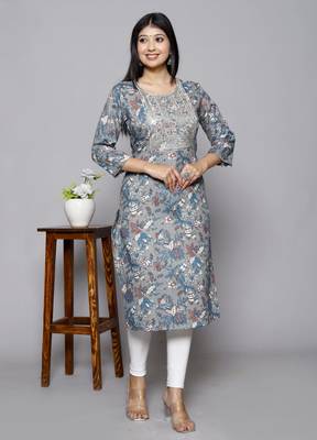 Cotton grey embroidery work straight kurta 1