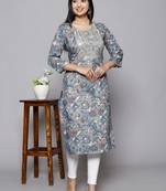 Cotton grey embroidery work straight kurta