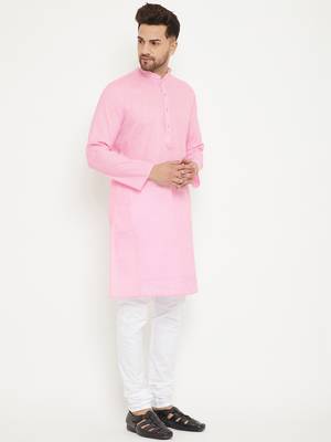 Men'S Pink And White Cotton Blend Kurta Pyjama Set 2