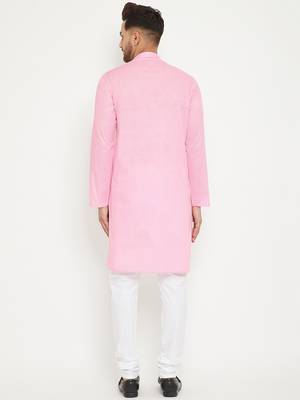 Men'S Pink And White Cotton Blend Kurta Pyjama Set 3