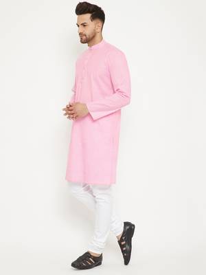 Men'S Pink And White Cotton Blend Kurta Pyjama Set 4