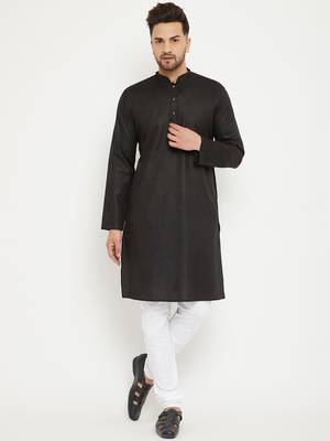 Men'S Black And White Cotton Blend Kurta Pyjama Set 1