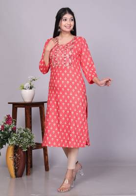 Cotton orange embroidery work straight kurta 1