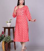 Cotton orange embroidery work straight kurta