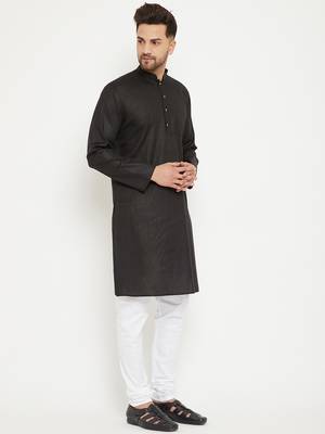 Men'S Black And White Cotton Blend Kurta Pyjama Set 2
