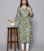Cotton green embroidery work straight kurta