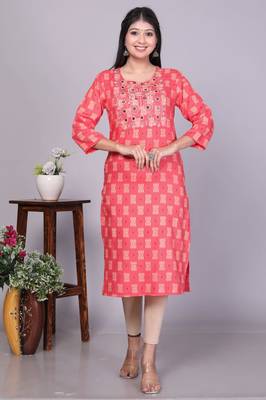 Cotton orange embroidery work straight kurta 1