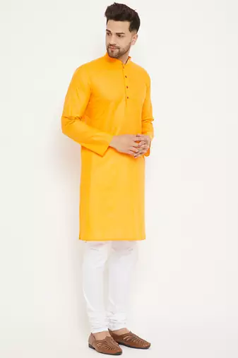 Orange And White Cotton Kurta Pyjama Set