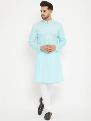 Men'S Aqua Blue And White Cotton Kurta Pyjama Set 1