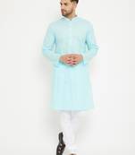 Men'S Aqua Blue And White Cotton Kurta Pyjama Set